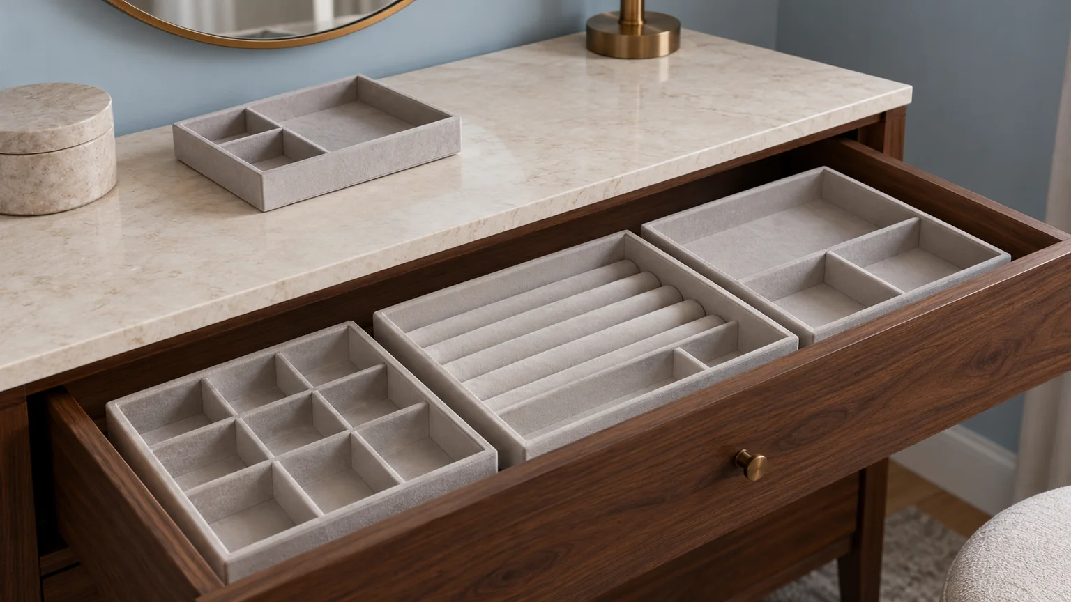 Tiroir de coiffeuse ouvert et plateaux de rangement sur une surface de pierre claire.